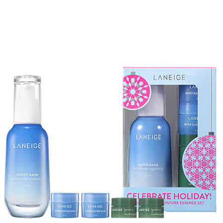 Laneige Celebrate Holiday Water Bank Moisture Essence Set    ประกอบไปด้วย   Laneige Water Bank Moisture Essence 70 ml 1 ชิ้น  Laneige Water Sleeping Mask 15 ml 2 ชิ้น   Laneige Special Care Cica Sleeping Mask 10 ml 2 ชิ้น 